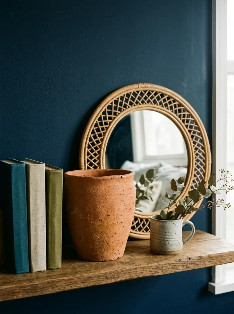 Bedroom shelf detail with terracotta vessel, rattan mirror, and hand-thrown stoneware mug against a deep navy wall in afternoon light
