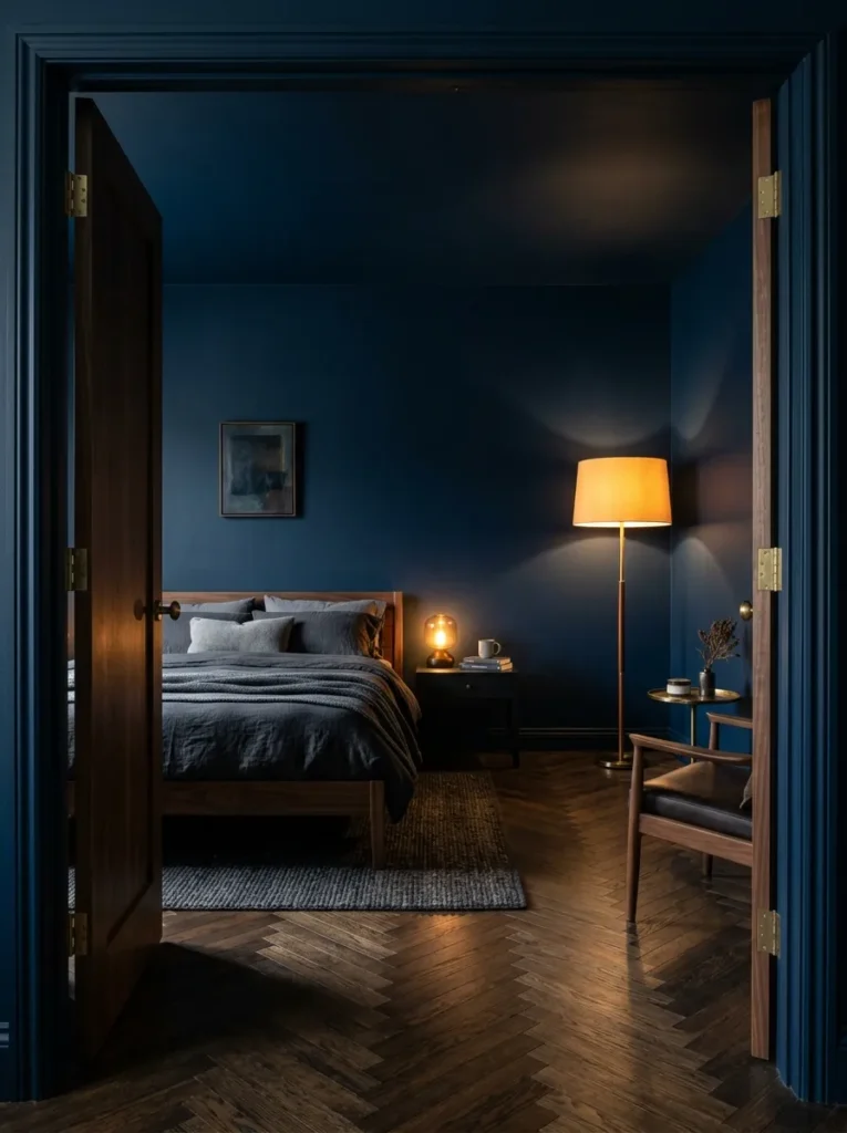 Moody bedroom with midnight navy paint covering all walls and ceiling continuously, creating a cocoon effect lit by warm floor lamp in corner
