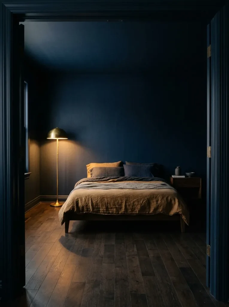 Minimal moody bedroom with ink navy walls, one low bed in warm linen, a single brass floor lamp, and deliberate negative space throughout
