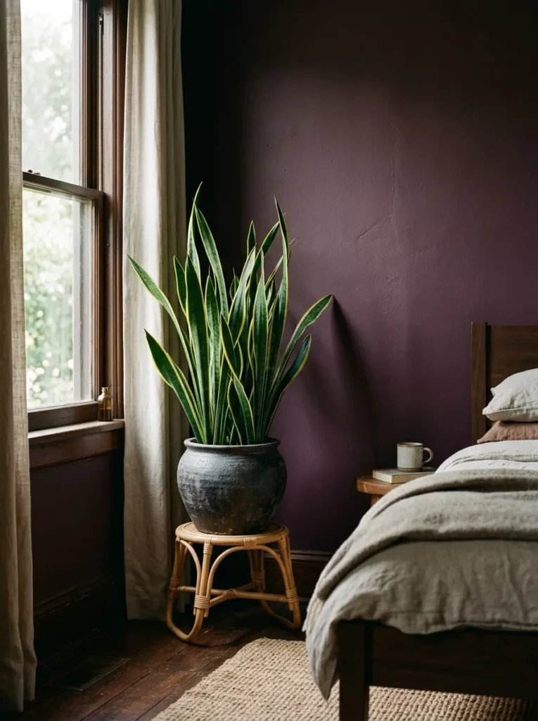 Large snake plant in a charcoal ceramic pot near a bedroom window, casting a shadow against deep plum walls in morning indirect light
