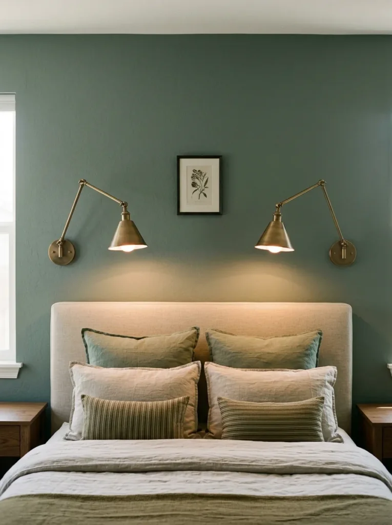 Symmetrical aged brass swing-arm wall sconces mounted above a linen-dressed bed, replacing table lamps on the nightstands below in a sage bedroom
