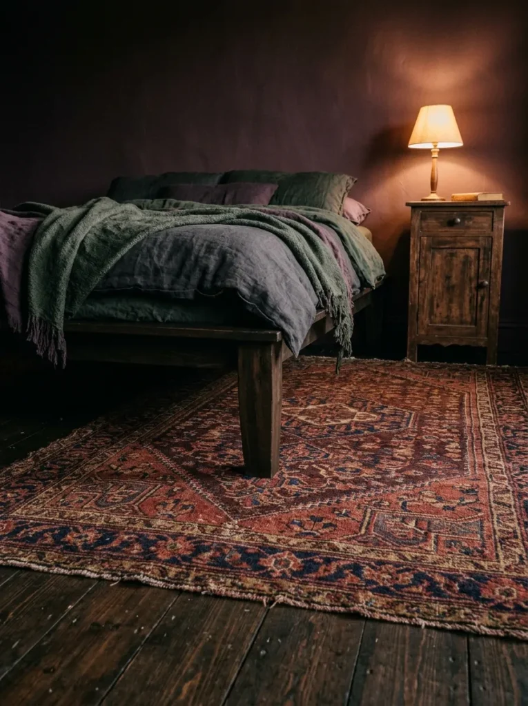 Aged vintage Persian rug in burgundy and indigo anchoring a low platform bed and dark walnut nightstands in a moody bedroom with plum walls
