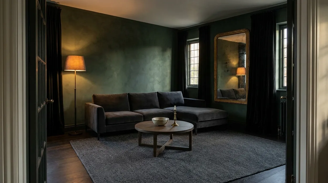 Dark living room with forest green limewash walls, a low charcoal velvet sofa, smoked oak coffee table, and antique gold mirror