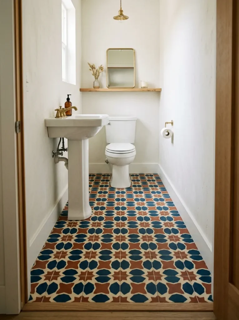 Bold Moroccan star pattern encaustic cement tile floor in navy and terracotta beneath a white pedestal sink in a powder room with white walls
