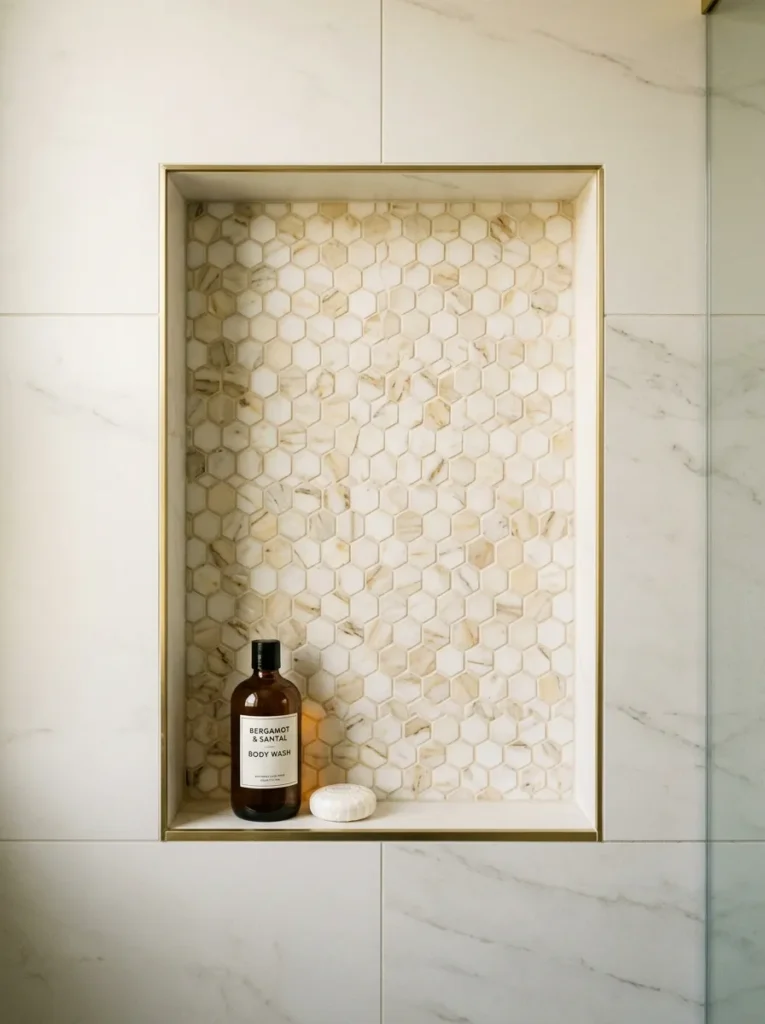 Shower niche back wall covered in hexagonal marble mosaic tiles in cream and gold veining as a focal point within the shower