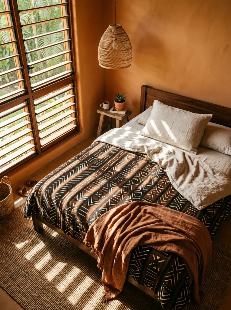  Bed with a mud cloth duvet cover in natural earth tones and warm geometric patterns