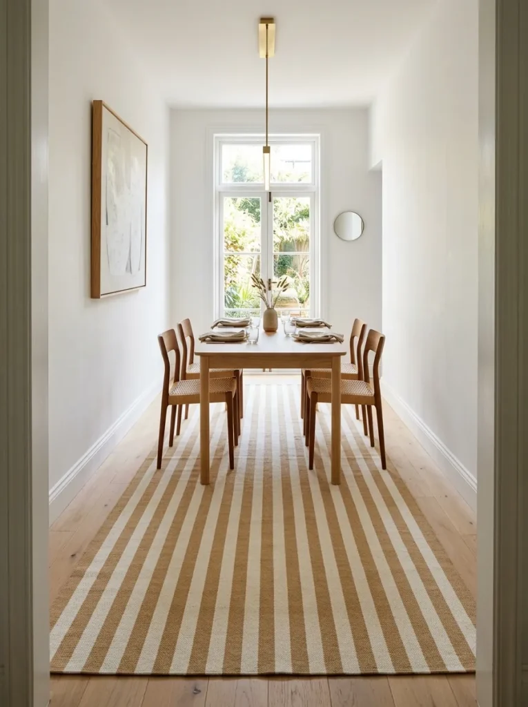 Narrow dining room with a cream and sand striped rug oriented lengthwise beneath a rectangular table, with the stripe direction visually extending the room's length
