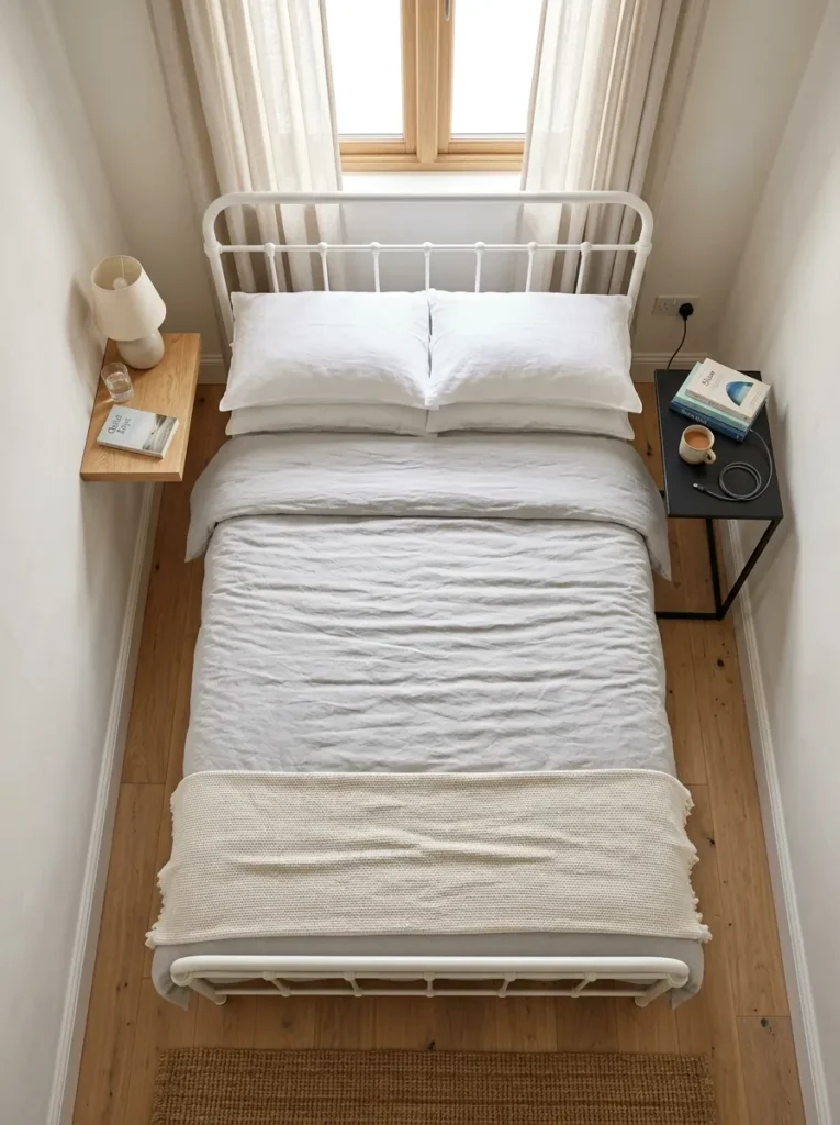 Narrow guest bedroom with a white iron bed, a floating oak shelf on one side and a slim C-table on the other, both serving as bedside surfaces
