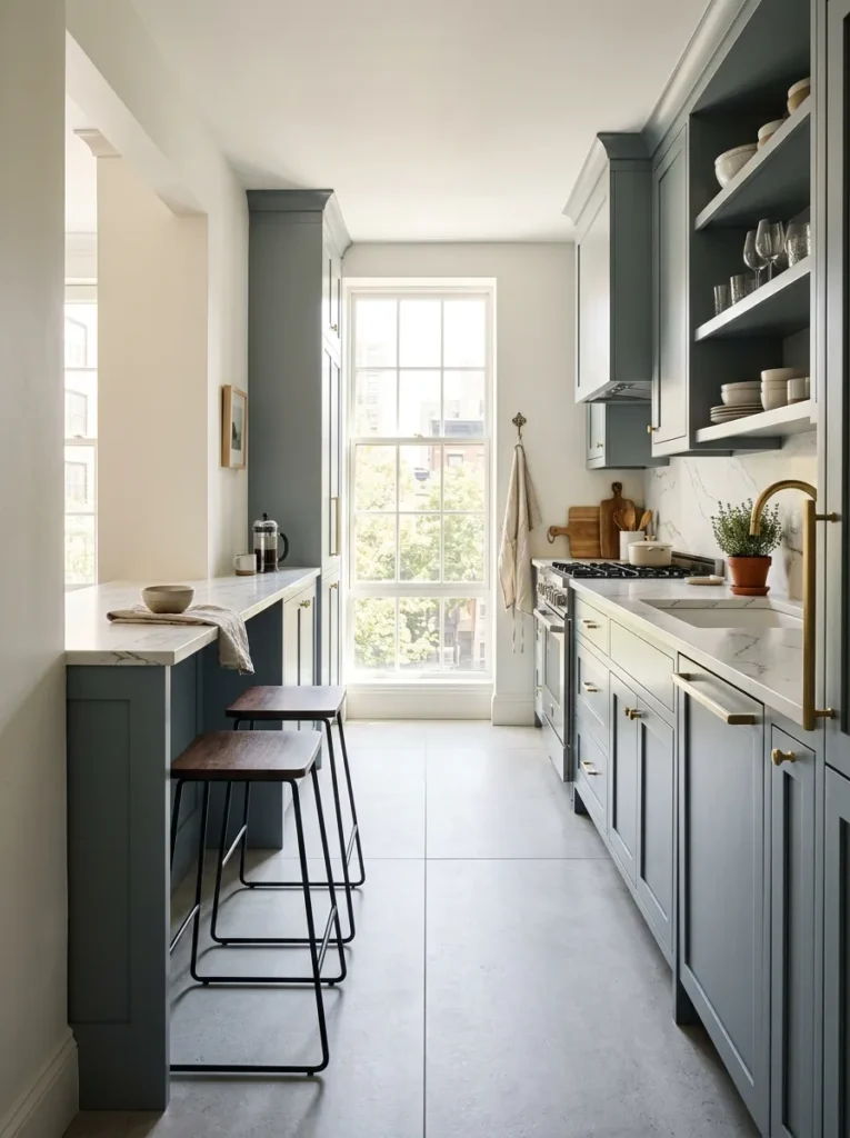 Peninsula extending from perimeter cabinetry in a galley kitchen with two bar stools