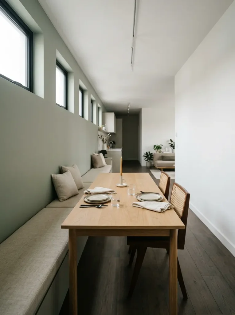 Narrow rectangular dining table pushed against one wall in a galley-style apartment with bench seating