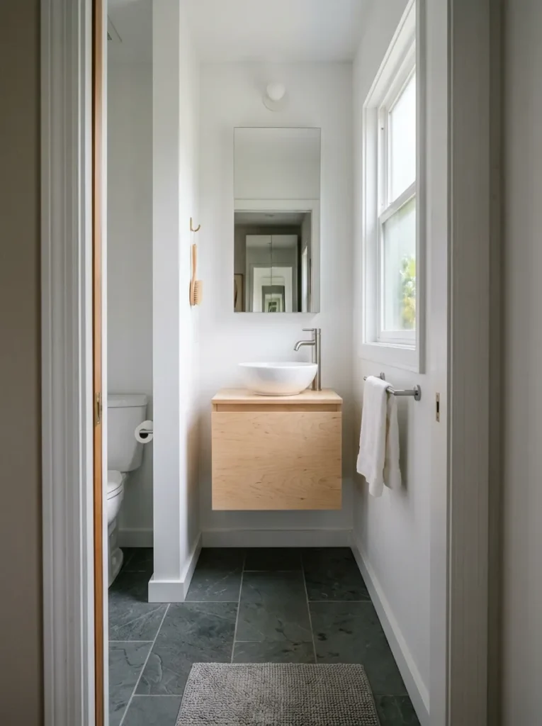 Slim wall-mounted vanity in pale birch with a vessel sink and recessed medicine cabinet in a narrow bathroom
