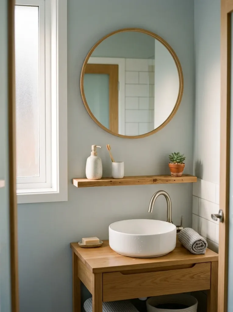 Narrow pine shelf above a bathroom sink holding a soap dispenser, toothbrush cup, and small succulent
