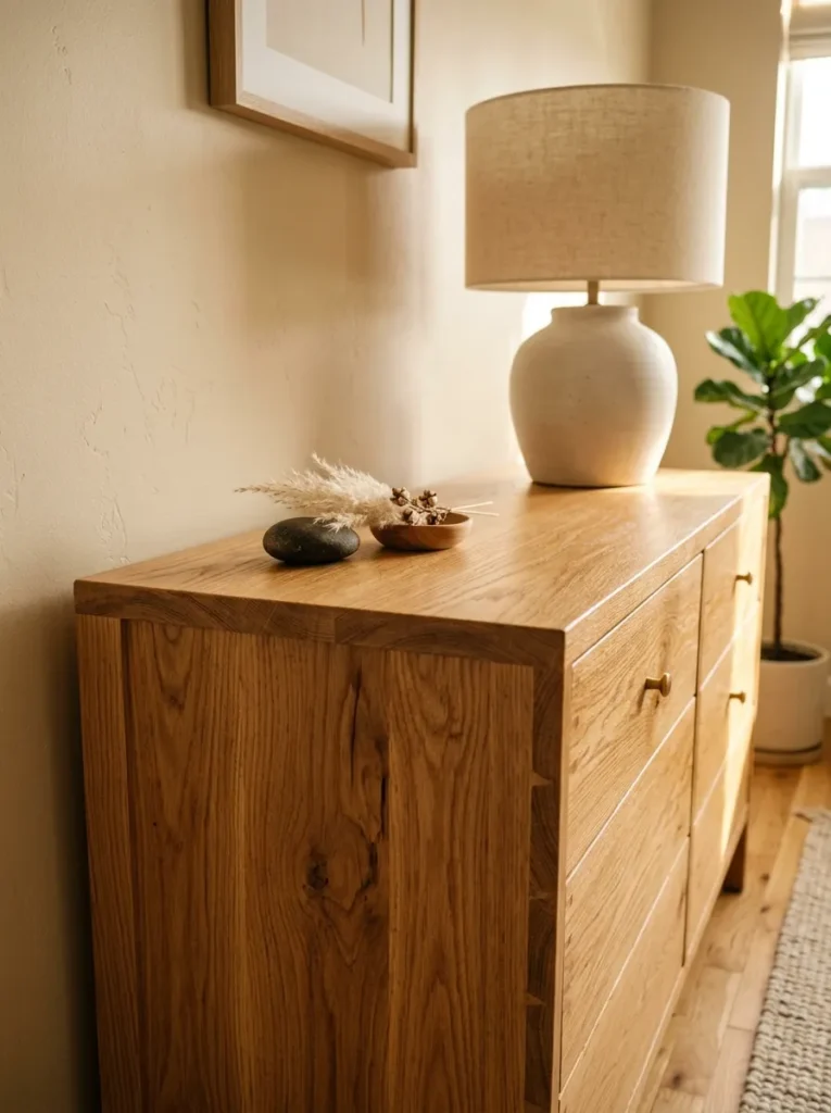 Natural oak dresser with visible honey-blonde grain against a warm beige bedroom wall in afternoon light
