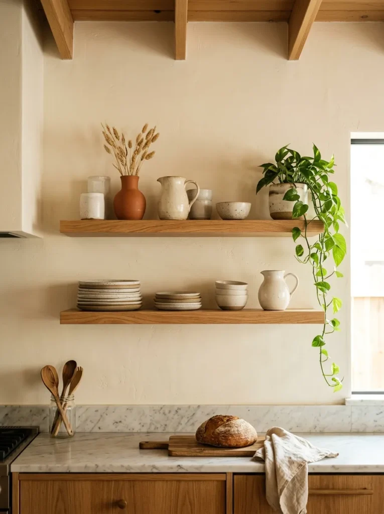 Two natural oak floating shelves on a cream kitchen wall holding ceramics, a plant, and stacked plates