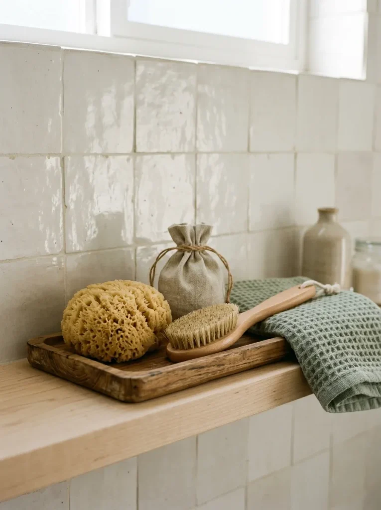 Teak tray on a birch bathroom shelf with a natural sea sponge, wooden body brush, and linen bag beside a sage towel
