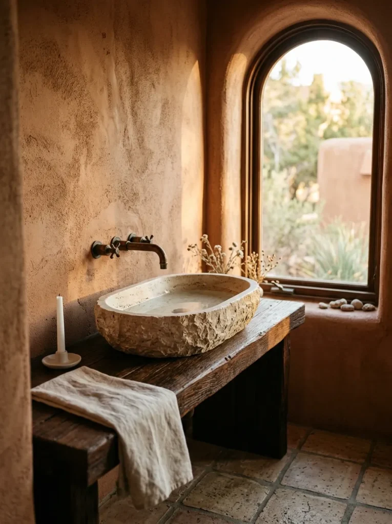 Hand-chiseled travertine vessel sink on a wood vanity counter in a spa-inspired bathroom