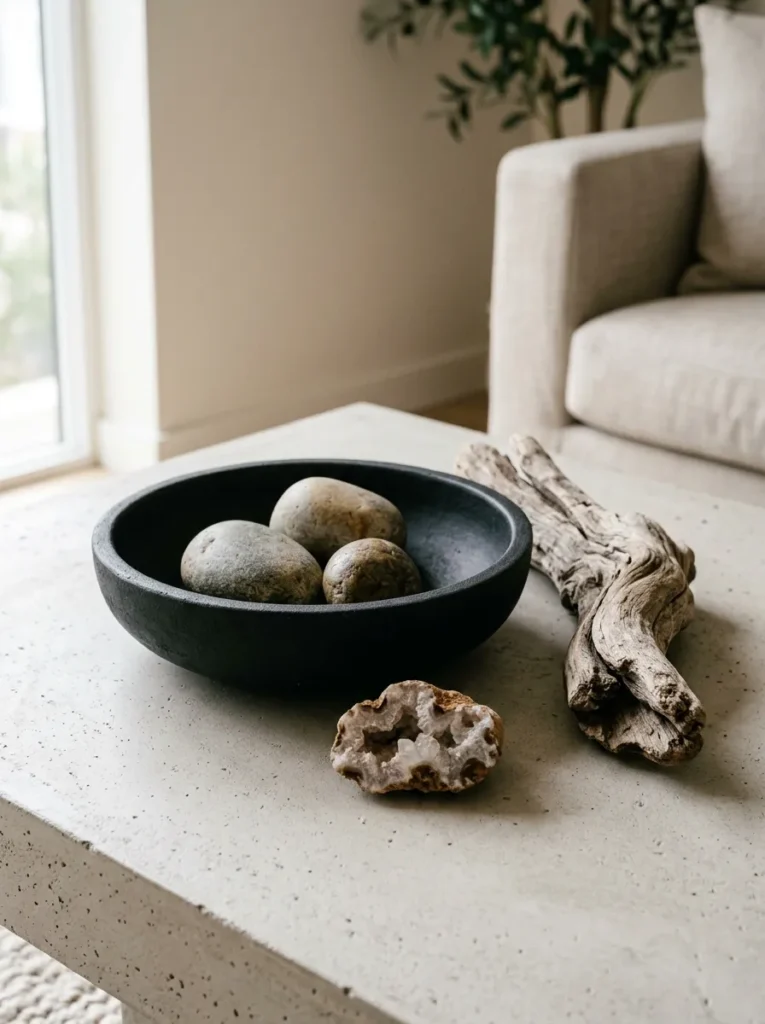 Coffee table arrangement of smooth river stones in a black ceramic bowl beside a driftwood piece and a rough agate on a concrete surface
