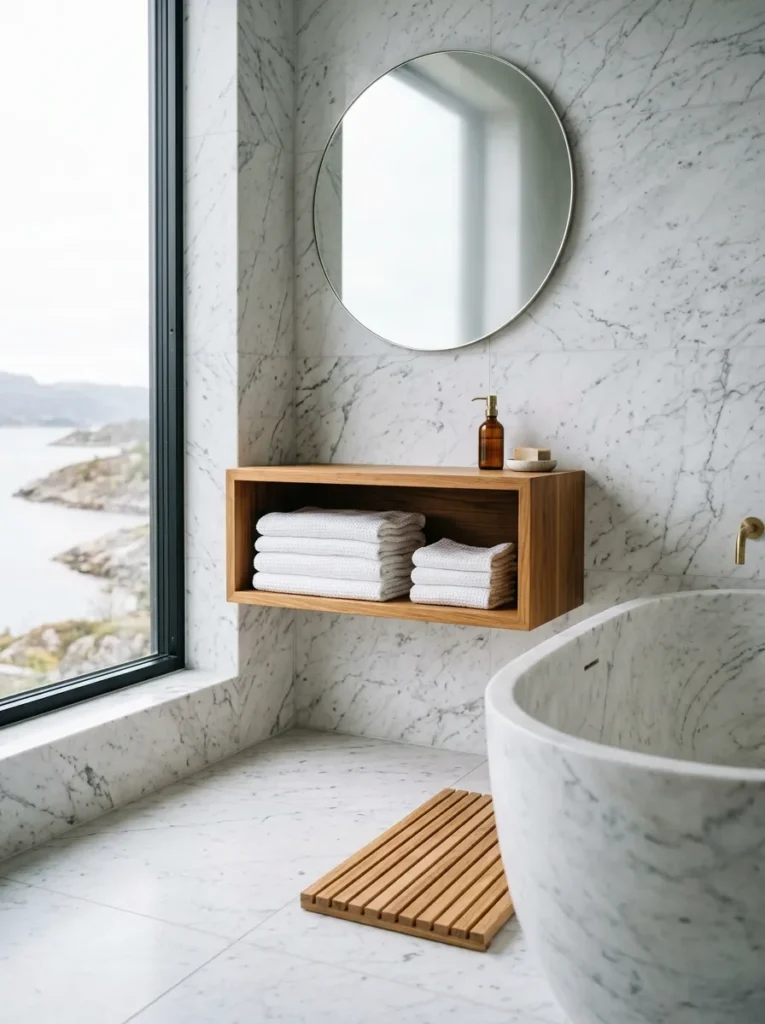 Marble-dominant bathroom with a floating teak shelf and cedar bath mat as warm wood contrast