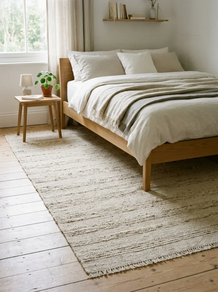 Natural undyed wool flatweave rug positioned under a low bed, extending past the bed on each side, on pale pine floor in morning light