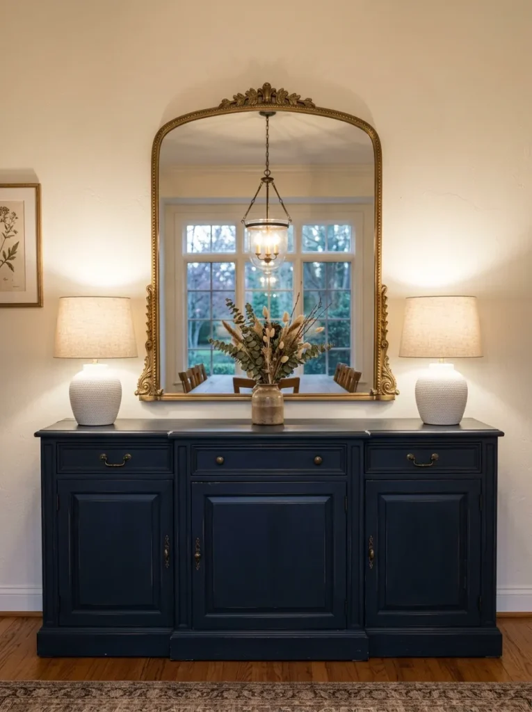Navy buffet cabinet with a large arched gold-framed mirror hung above, flanked by white ceramic lamps with linen shades, reflecting the dining room behind
