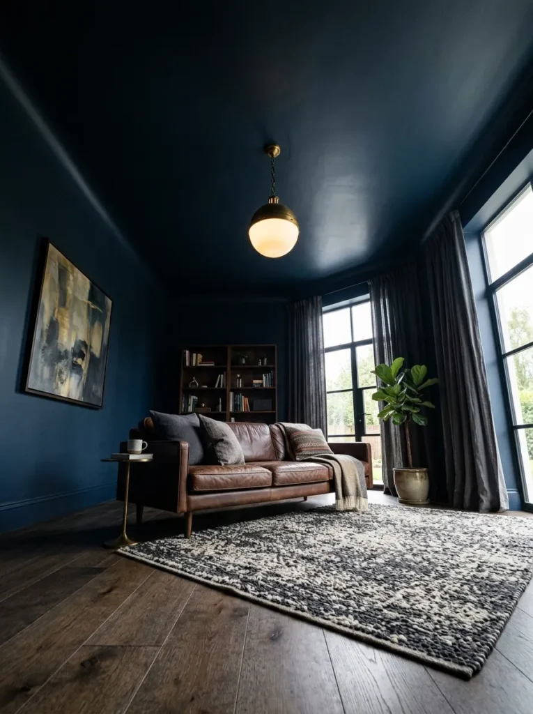 Living room with walls and ceiling painted the same deep navy, low caramel leather sofa, and aged brass globe pendant
