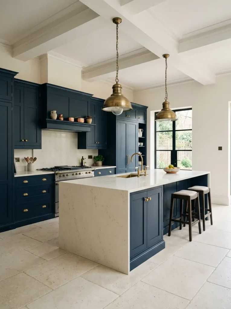 Navy blue kitchen with upper and lower cabinetry, cream Silestone waterfall island countertop, unlacquered brass handles and aged brass pendants