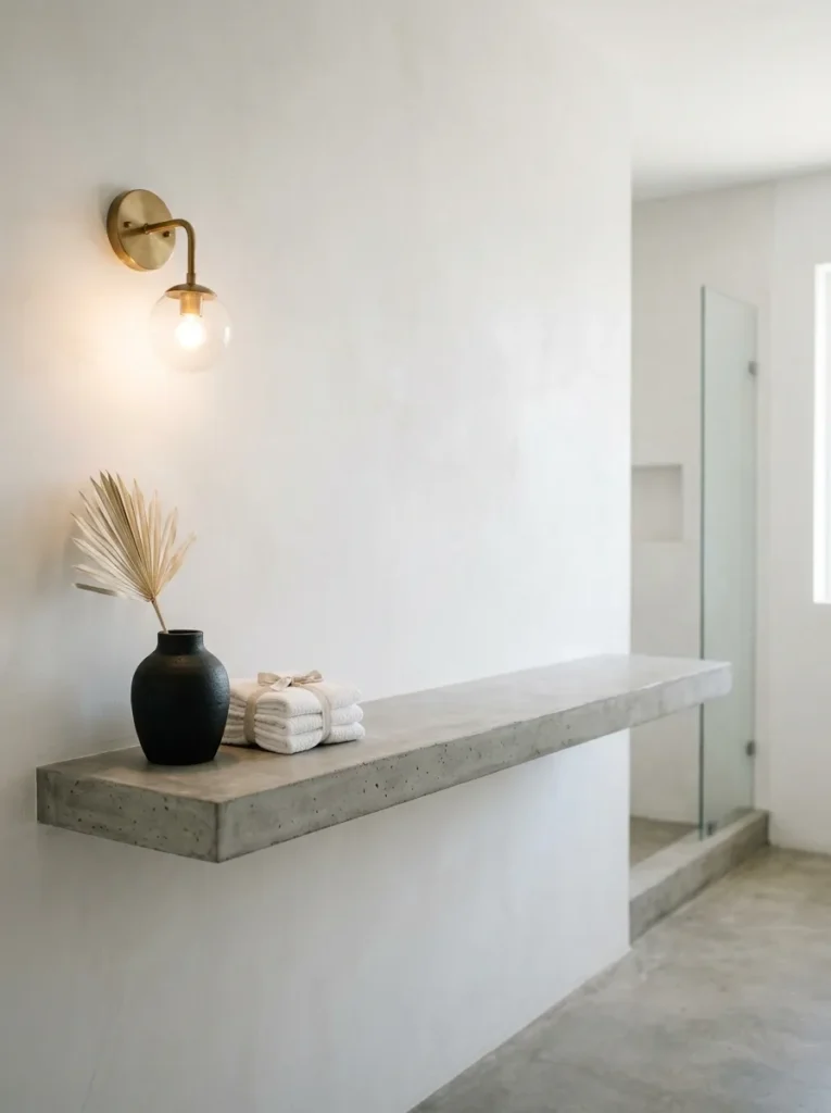 Long floating bathroom shelf with a small grouping of a black vase and washcloths on one end and intentional empty space
