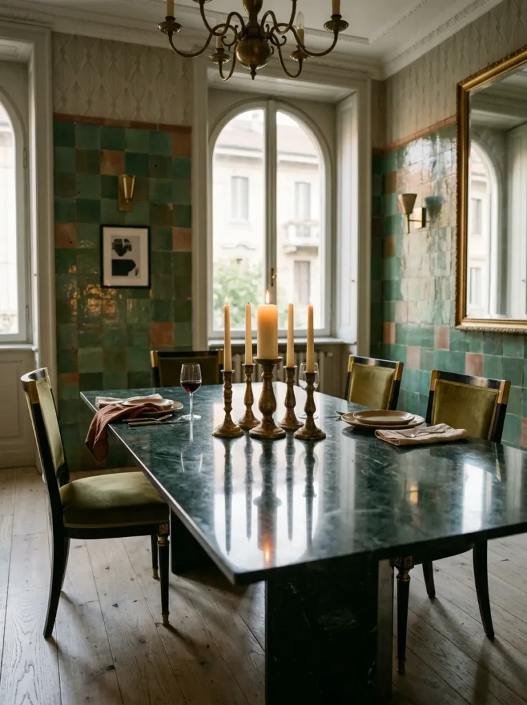 Cluster of unlacquered brass candlesticks as a sculptural centerpiece in a Milan Art Deco dining room.