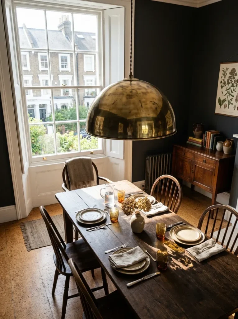 Unlacquered brass pendant hung low above an oak table in a Georgian townhouse dining room.