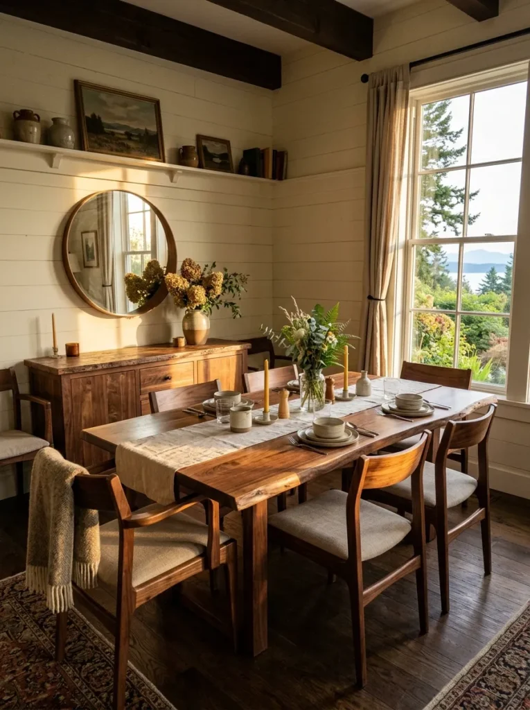 Consistent walnut tones across the table, sideboard, and chairs in a rustic farmhouse dining room.