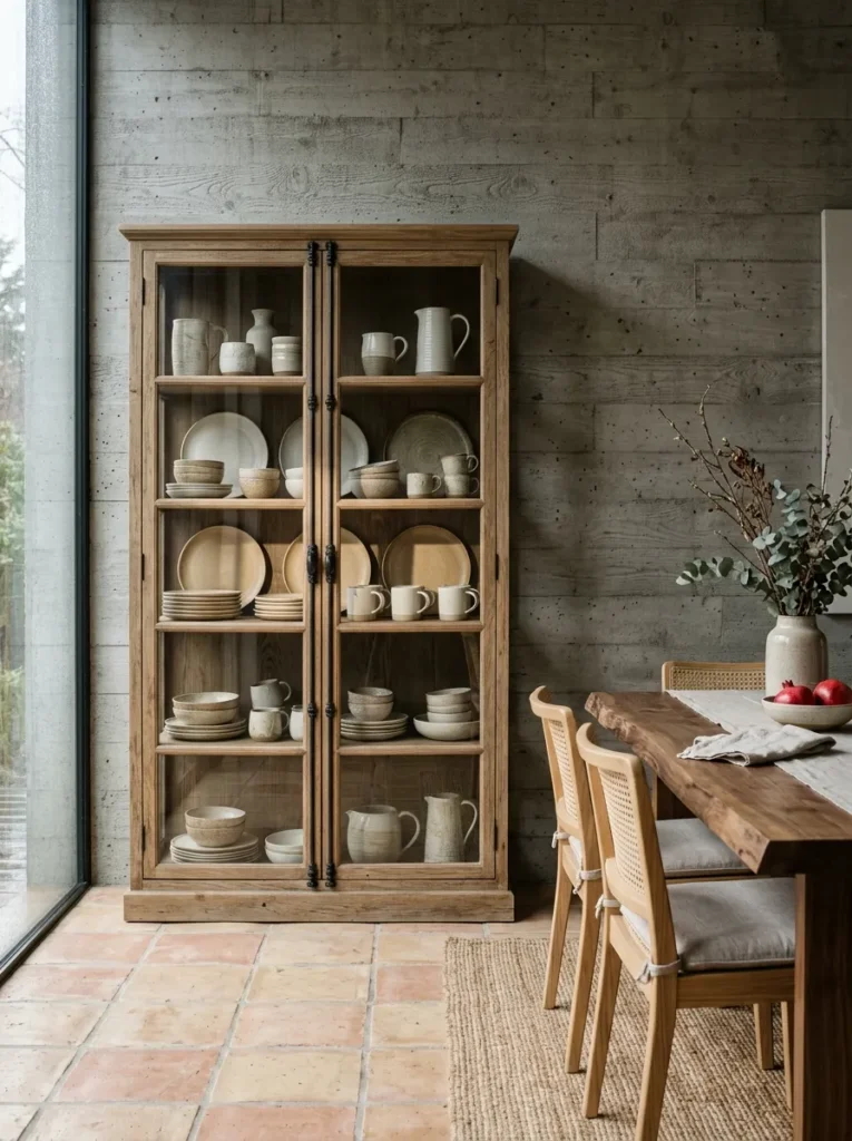 Hand-thrown stoneware displayed in a glass-front cabinet in a Vancouver rustic modern dining room.