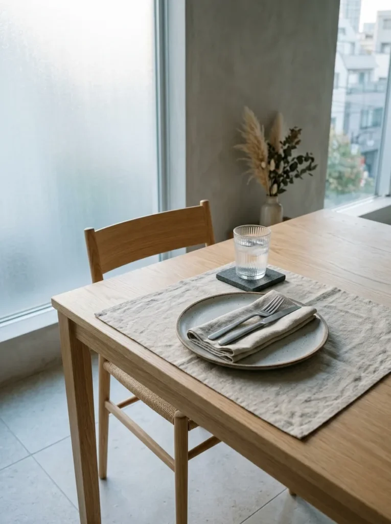 Linen, stoneware, stone, and glass layered in a single table setting in a Tokyo minimalist dining room.