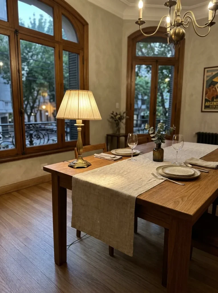 Raw linen table runner laid down the center of a bare oak table in a Buenos Aires Art Nouveau dining room.