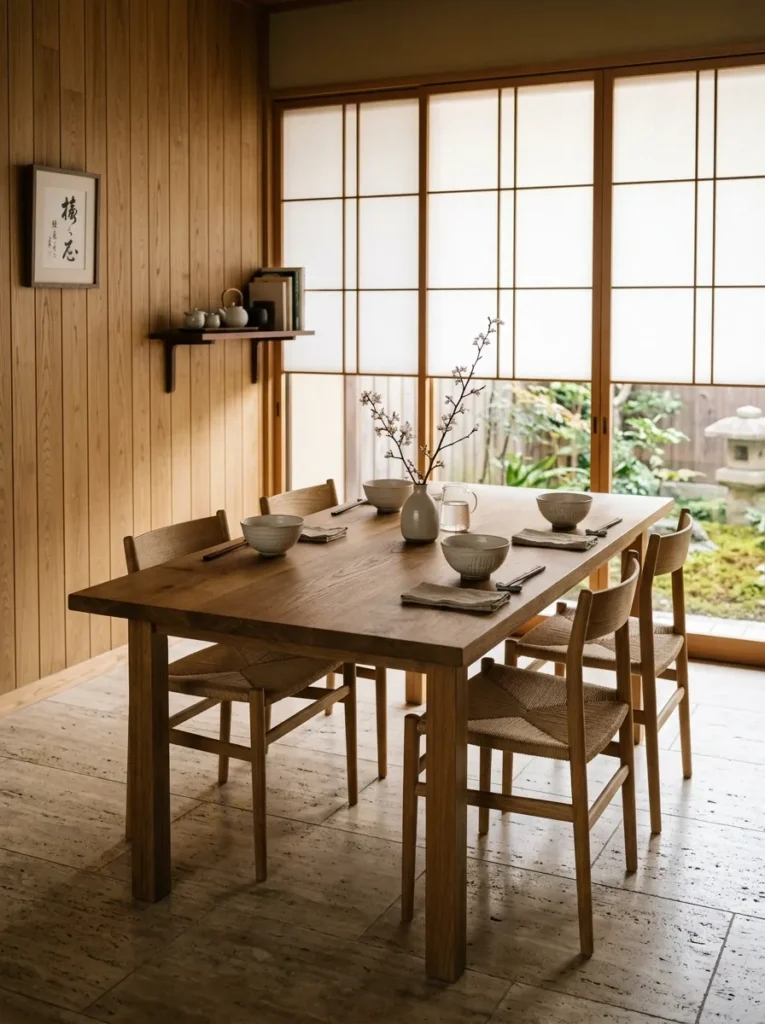 Matte-finished solid oak dining table under diffused morning light in a Kyoto Japandi dining room.