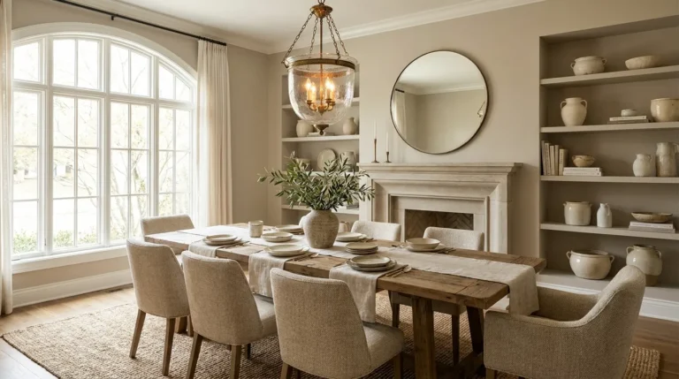 Matte oak dining table surrounded by mixed bouclé and wood chairs in a calm Copenhagen dining room.
