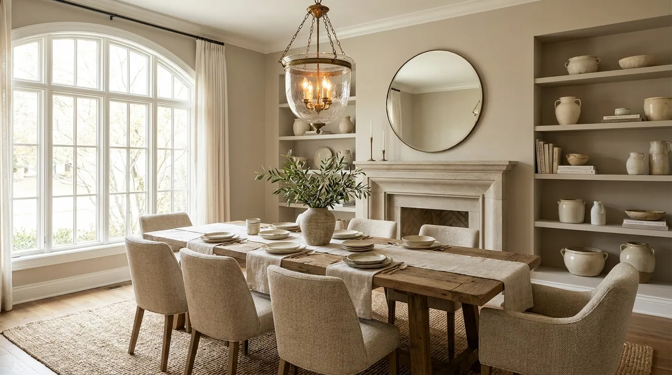 Matte oak dining table surrounded by mixed bouclé and wood chairs in a calm Copenhagen dining room.
