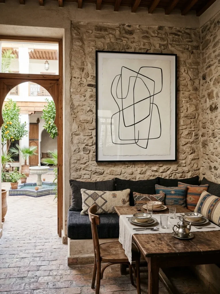 Oversized abstract line print in a slim black frame above a banquette in a Marrakech riad dining room.