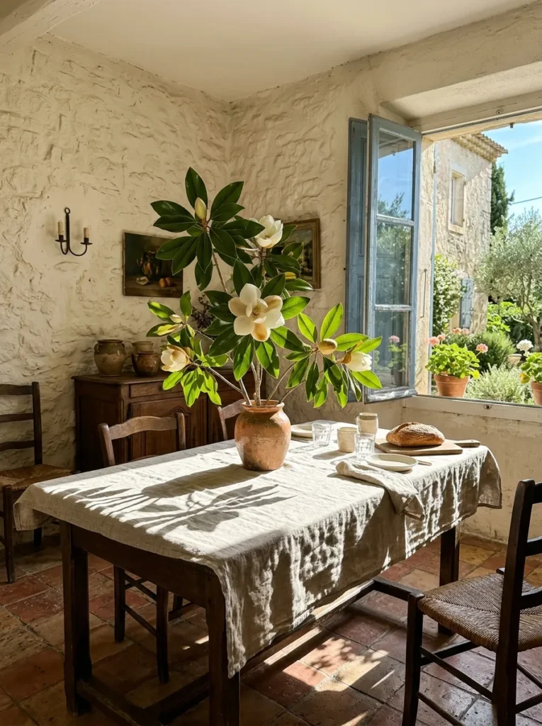 Single oversized magnolia branch in a ceramic vessel on a table in a Marseille Provençal dining room.