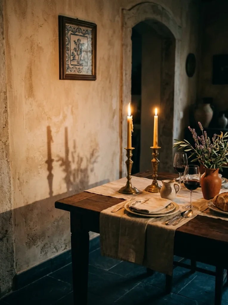 Taper candles in aged brass holders lit at a set table in a Lisbon Provençal-style dining room.