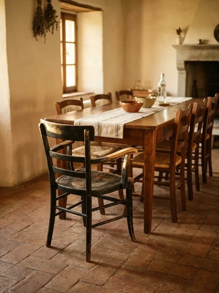 Single scuffed vintage chair seated among a matching set in a Tuscan farmhouse dining room.
