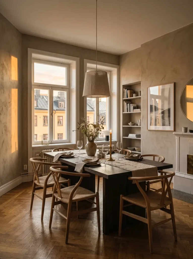 Warm greige plaster walls surrounding a smoked oak table in a Nordic classic Stockholm dining room.