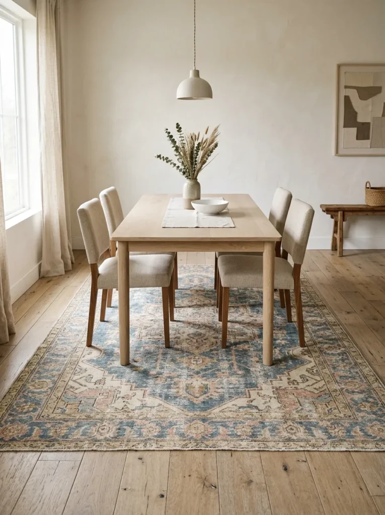 Neutral dining room with bleached oak table and linen chairs over a vintage-style distressed rug in faded blue and ivory tones providing the room's only pattern
