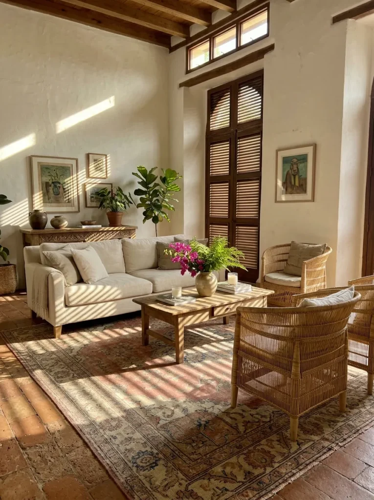 Faded Persian flatweave rug in muted rose and ivory defining the seating zone in a colonial Cartagena living room.