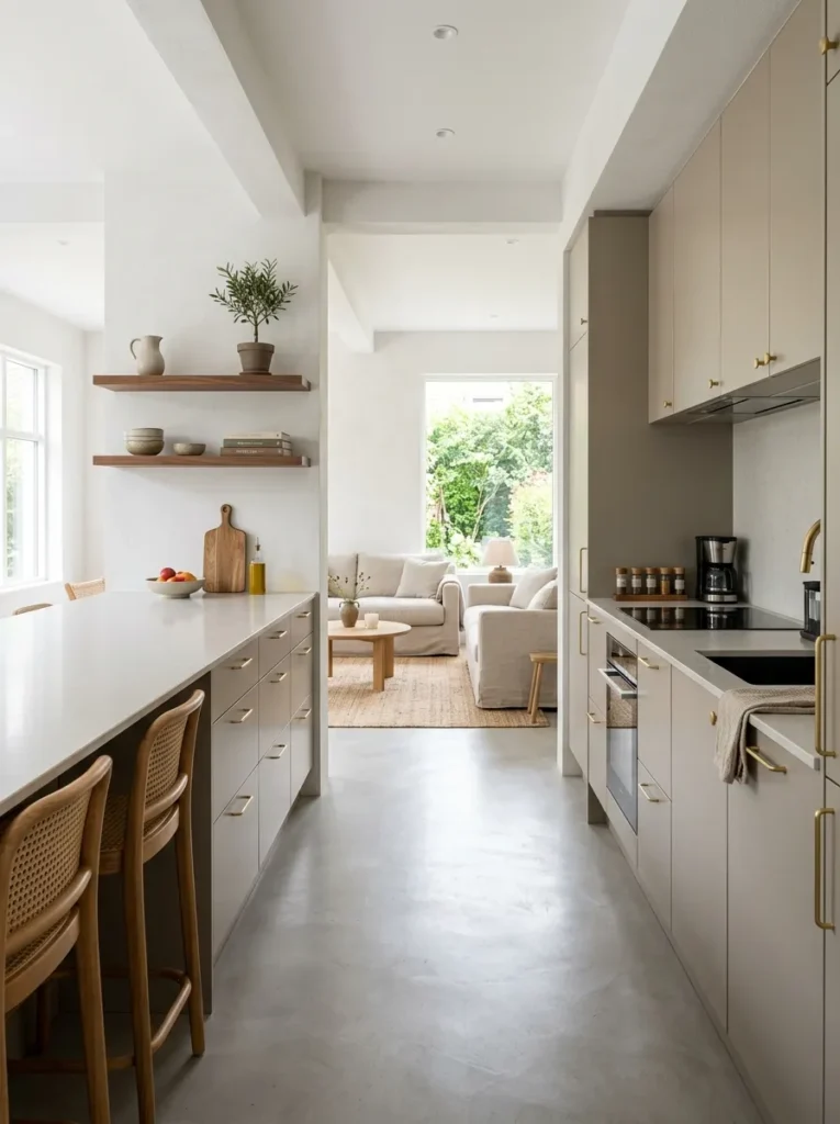 Open-plan L-shaped kitchen with no upper cabinets on the outward-facing arm, floating walnut shelves, and a living area view

