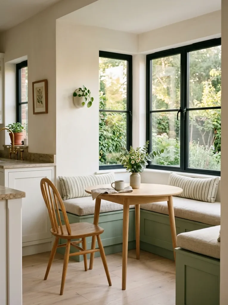 Fitted sage-painted corner window seat with a linen cushion and a small oak dining table in a Scandinavian kitchen