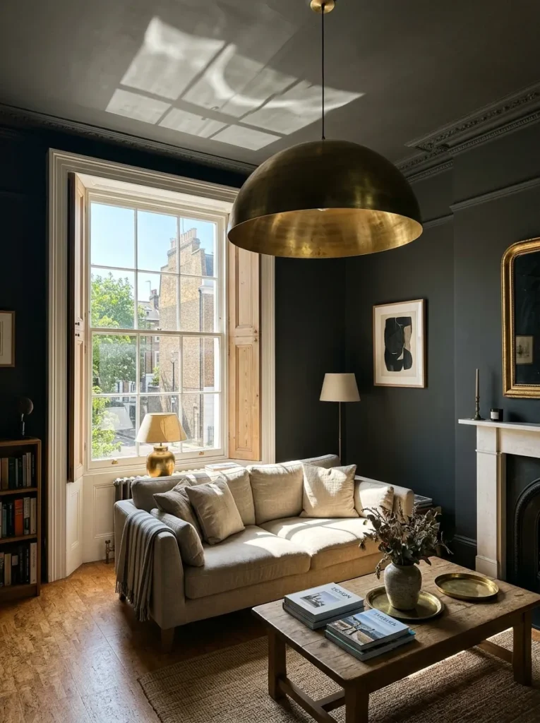 Oversized spun-brass pendant hung off-center in a Georgian townhouse Nordic-inspired living room.

