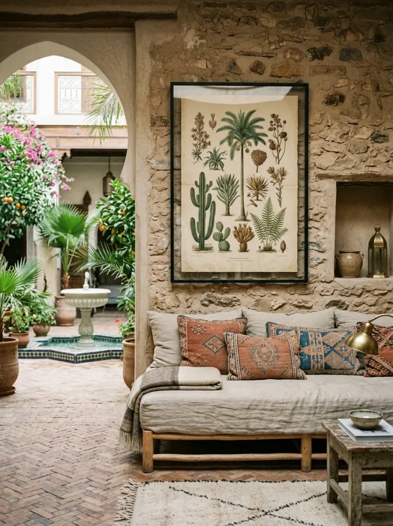 Oversized botanical print in a slim black frame above a linen daybed in a Marrakech riad living room.


