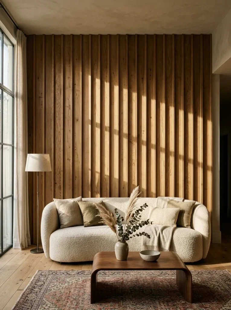 Floor-to-ceiling vertical oak board-and-batten panelling behind a curved cream bouclé sofa, shadow lines visible in raking afternoon light