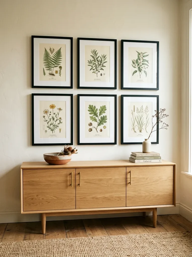 Light oak buffet cabinet with a tight 2x3 grid of matching black-framed botanical prints above, and a minimal ceramic bowl and books on the surface below
