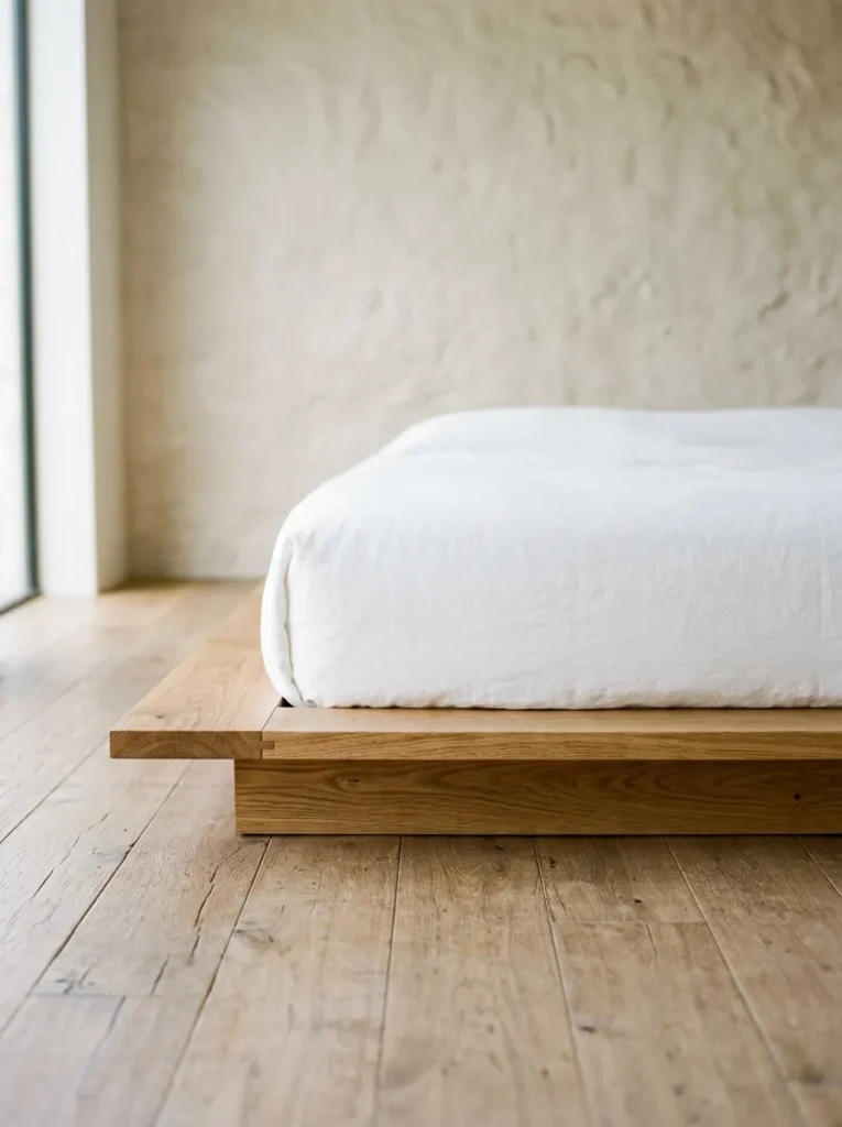 Low natural oak platform bed base with a high-profile white mattress on pale stone floor in morning light, showing the clean horizontal base line